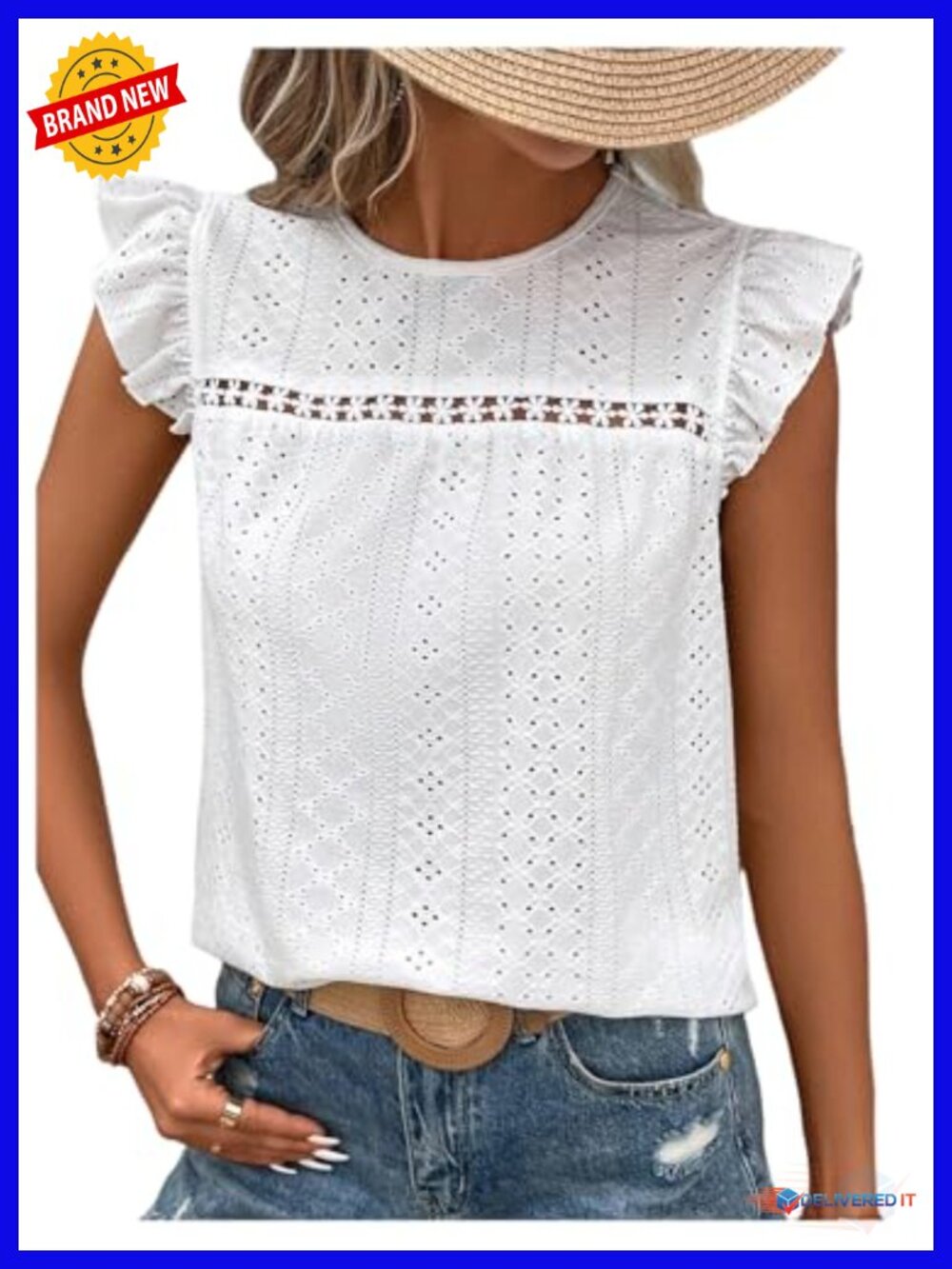 Boho Eyelet Embroidery Ruffle Cap Sleeve Tee Blouse